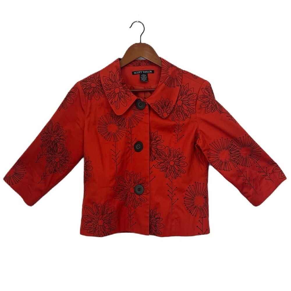 Scott Taylor Jacket Women M Orange Black Collar Embroidery Classic Cottage VTG